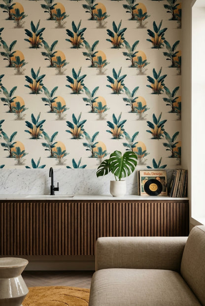 Tropical Botanical Wallpaper Banana Leaves Cream Background Decorative Mural