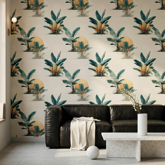 Tropical Botanical Wallpaper Banana Leaves Cream Background Decorative Mural