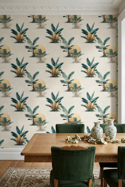 Tropical Botanical Wallpaper Banana Leaves Cream Background Decorative Mural