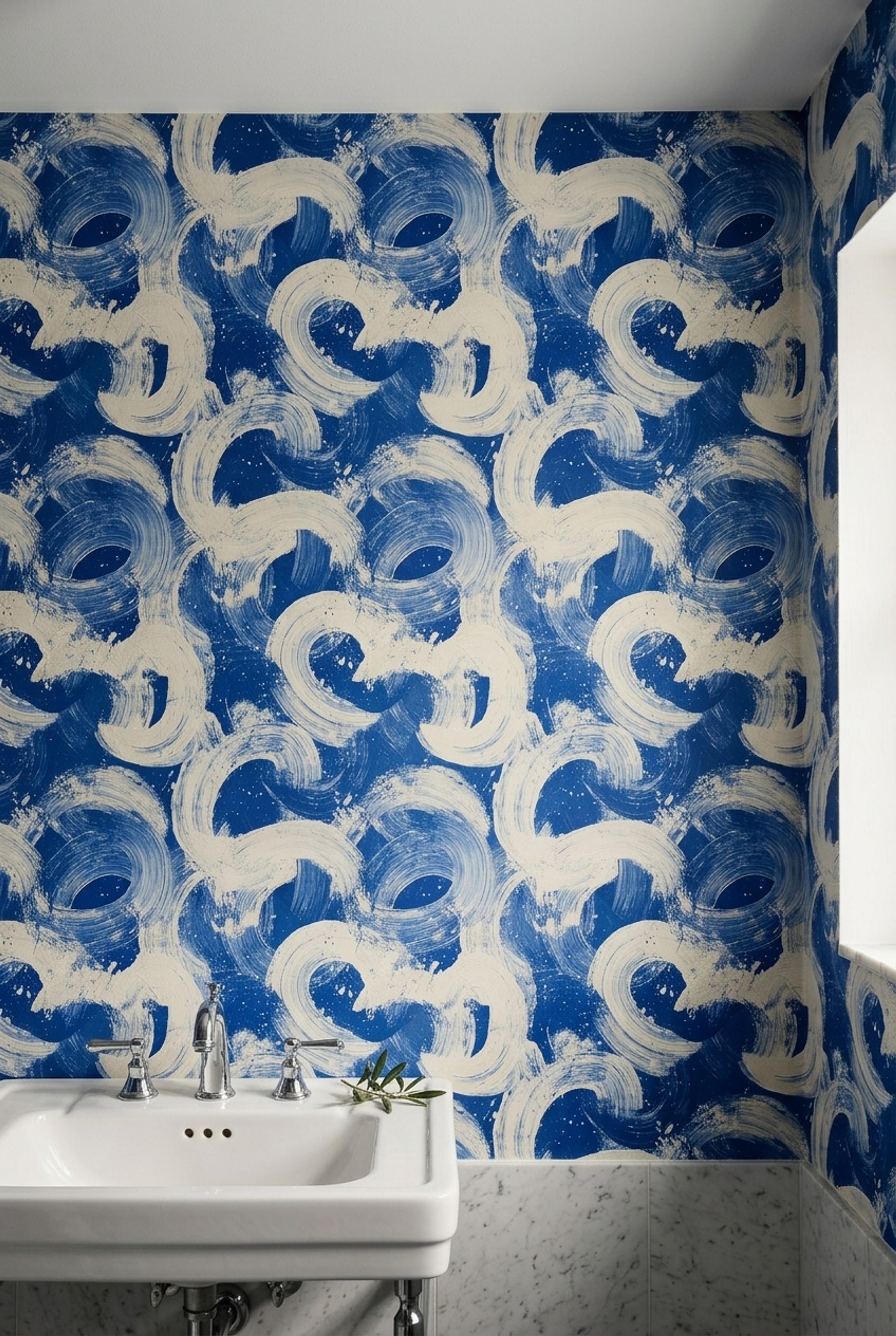 Abstract Wallpaper Blue And White Bold Brushstrokes Decorative Mural