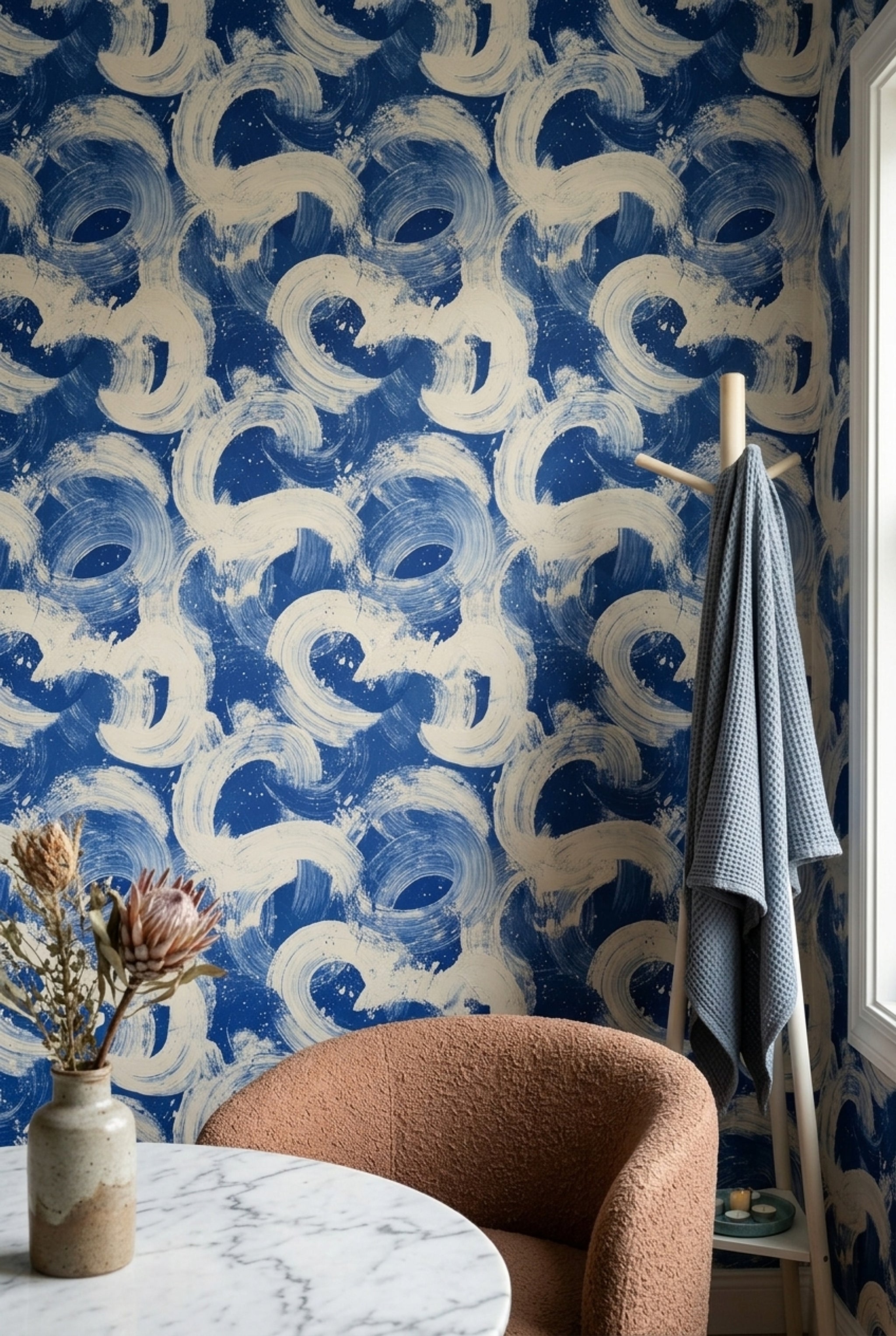 Abstract Wallpaper Blue And White Bold Brushstrokes Decorative Mural