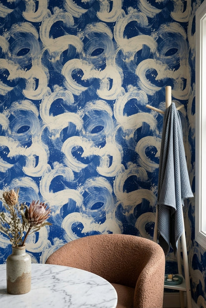 Abstract Wallpaper Blue And White Bold Brushstrokes Decorative Mural