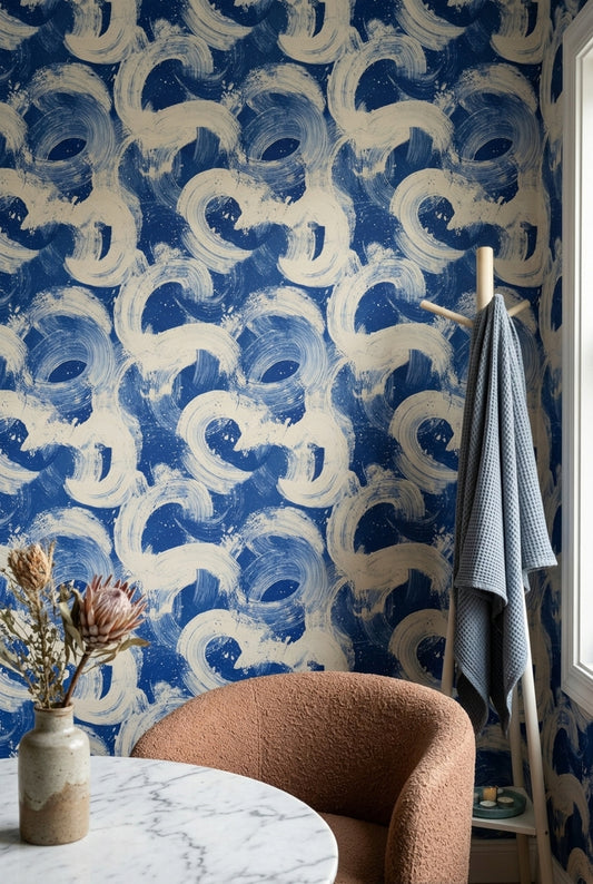 Abstract Wallpaper Blue And White Bold Brushstrokes Decorative Mural