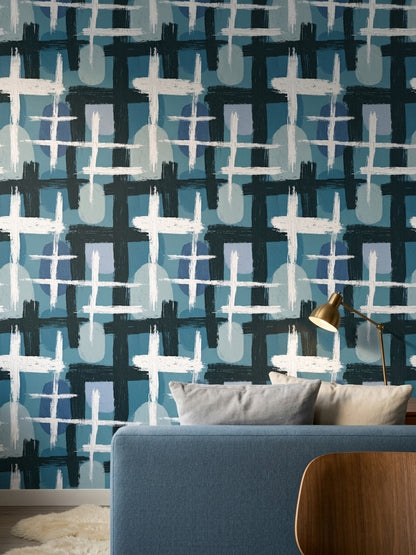 Abstract Wallpaper Geometric Removable Blue Wall Double Roll