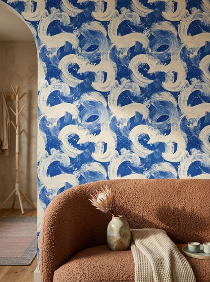 Abstract Wallpaper Blue And White Bold Brushstrokes Decorative Mural