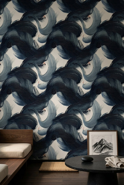 Dark Abstract Wallpaper Navy Brushstrokes Ink Wash Decorative Mural