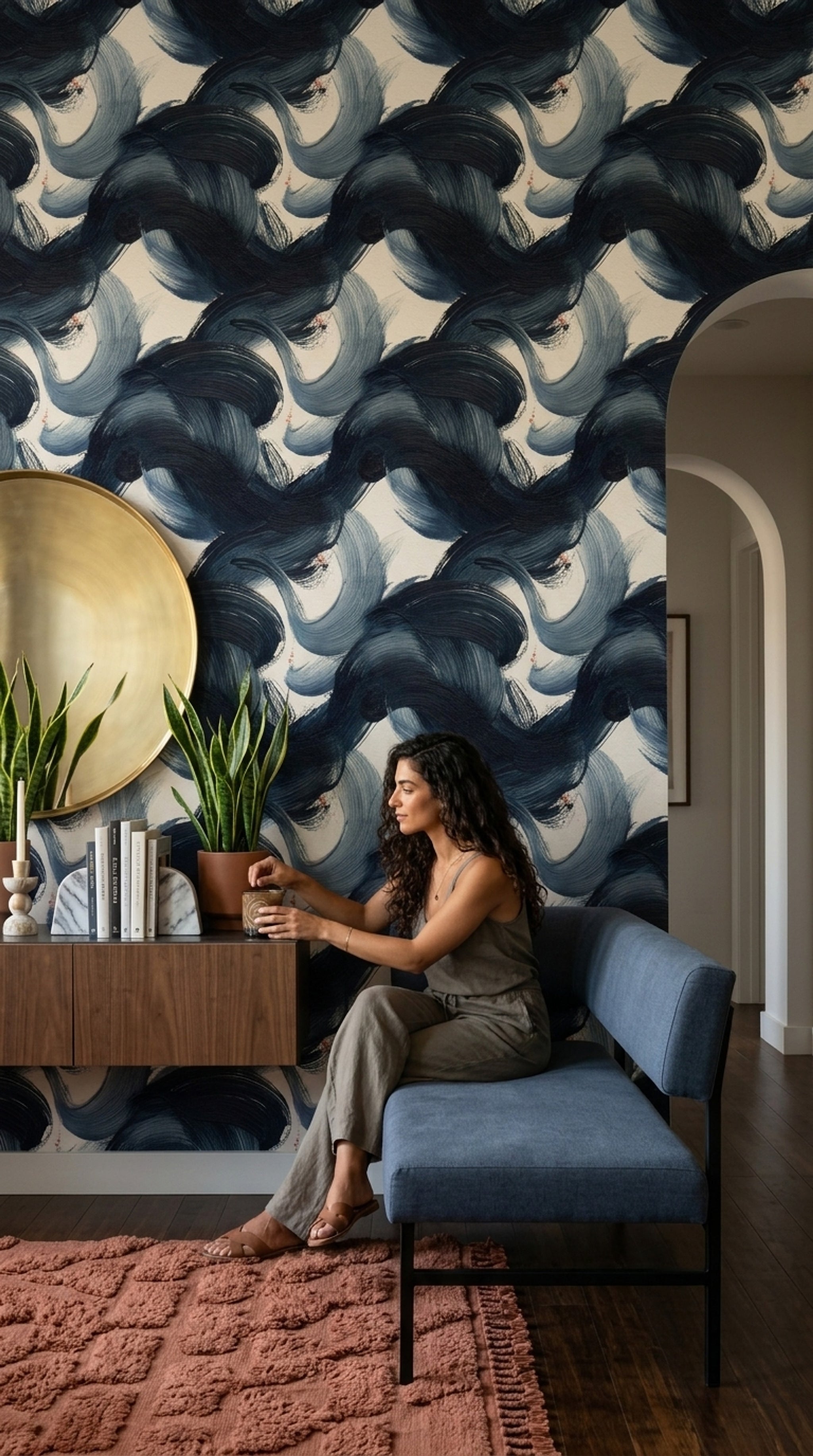 Dark Abstract Wallpaper Navy Brushstrokes Ink Wash Decorative Mural