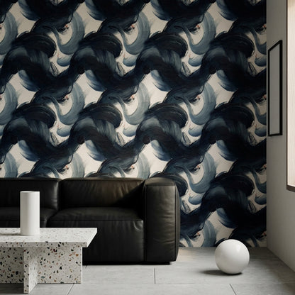 Dark Abstract Wallpaper Navy Brushstrokes Ink Wash Decorative Mural