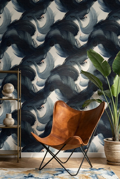 Dark Abstract Wallpaper Navy Brushstrokes Ink Wash Decorative Mural