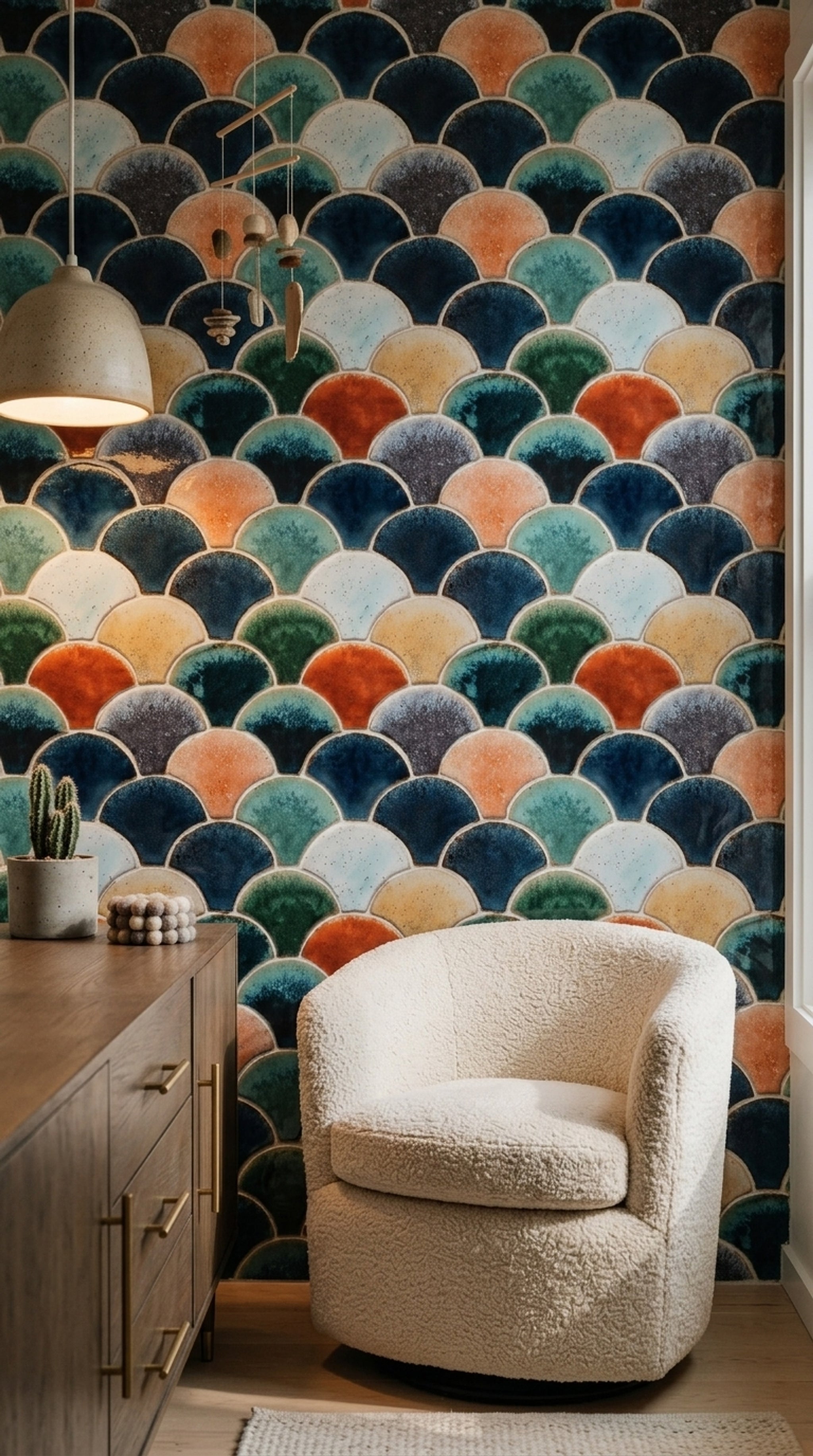 Scallop Tile Wallpaper Ceramic Glaze Mosaic Pattern Decorative Mural