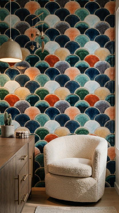 Scallop Tile Wallpaper Ceramic Glaze Mosaic Pattern Decorative Mural
