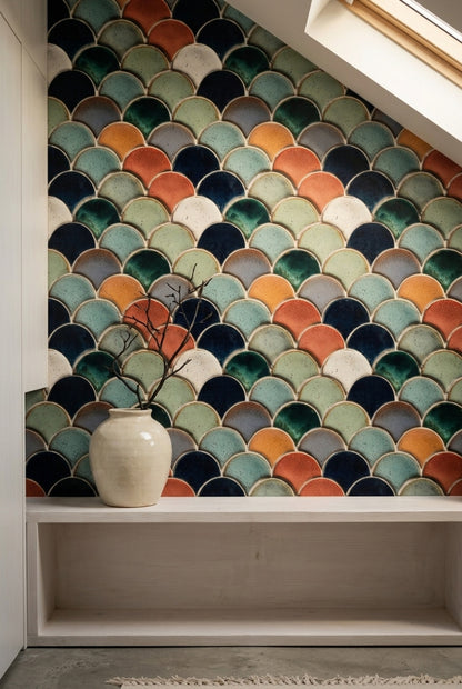 Geometric Scallop Wallpaper Fish Scale Tiles Removable Glazed Ceramic Wall Double Roll