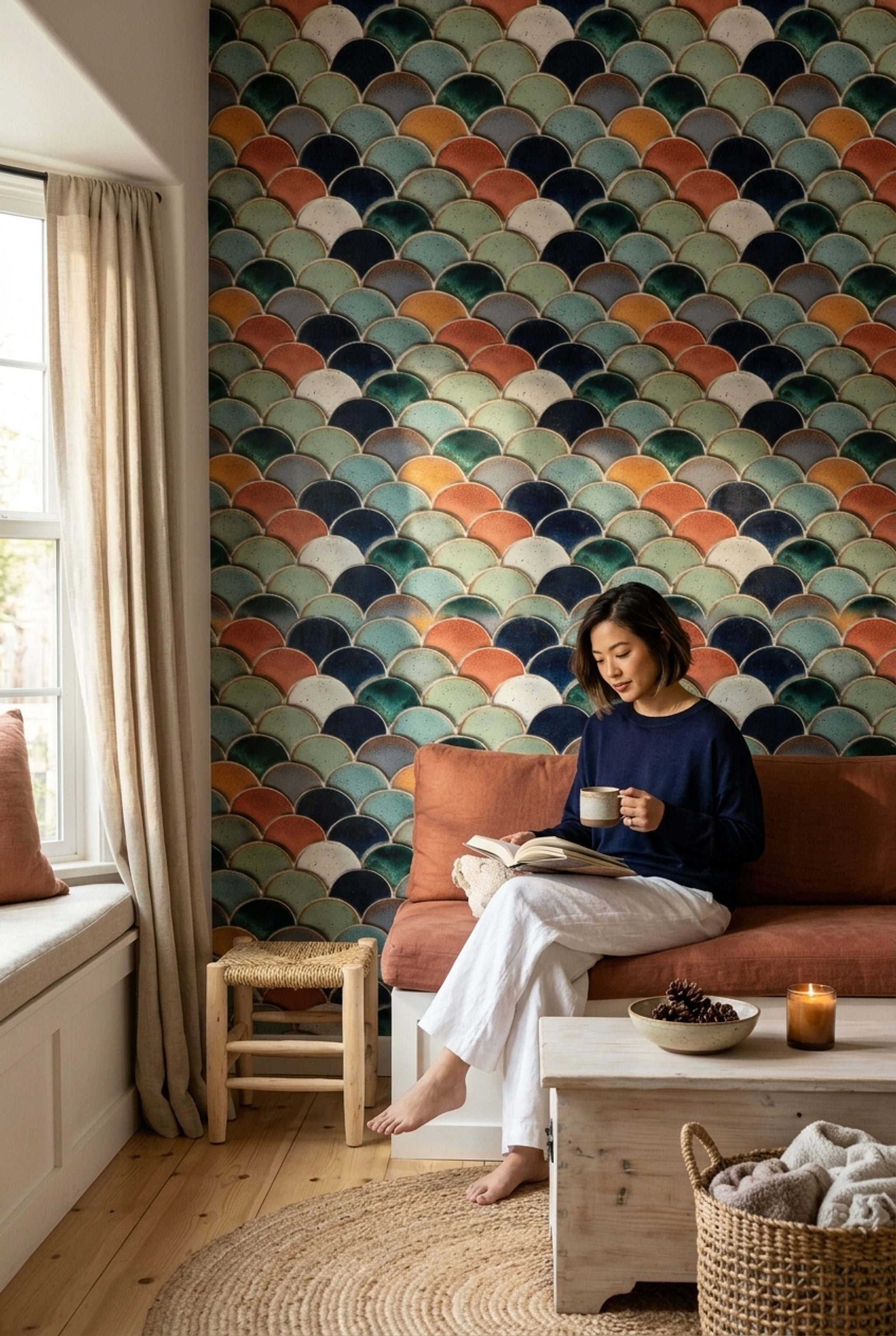 Geometric Scallop Wallpaper Fish Scale Tiles Removable Glazed Ceramic Wall Double Roll