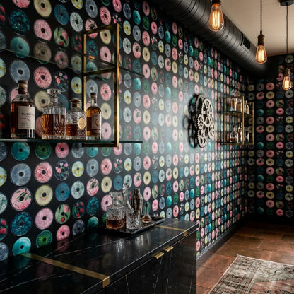 Dark Background Wallpaper Circular Discs Modern Collage Decorative Mural