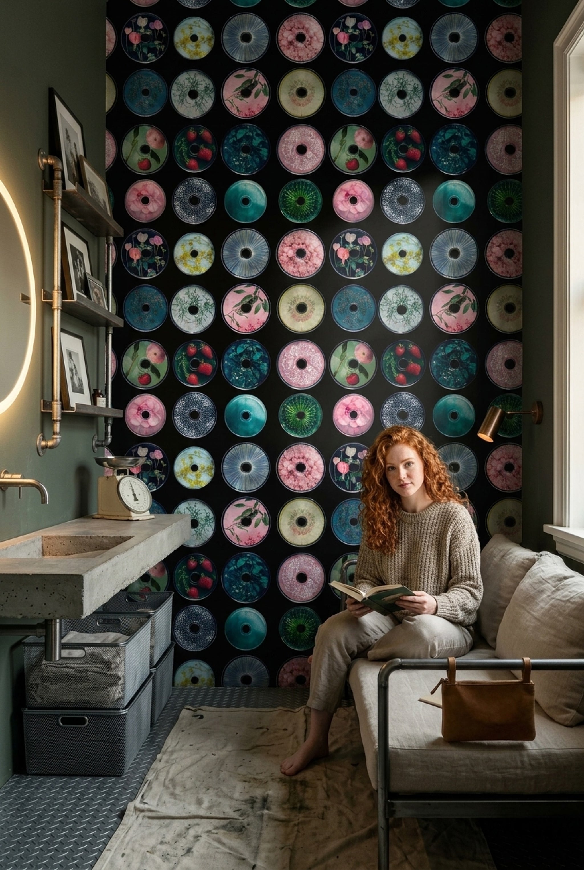 Dark Background Wallpaper Circular Discs Modern Collage Decorative Mural