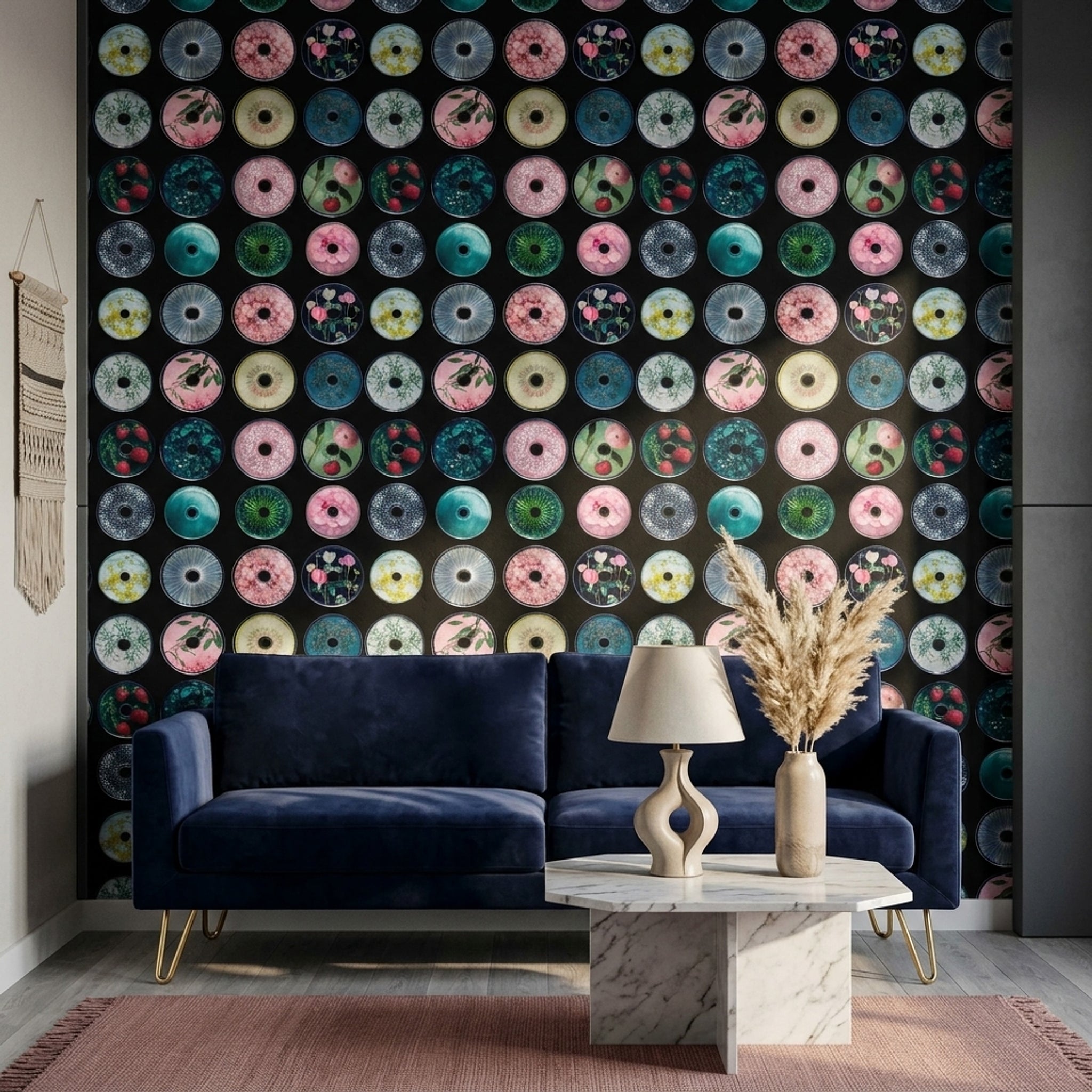 Dark Background Wallpaper Circular Discs Modern Collage Decorative Mural