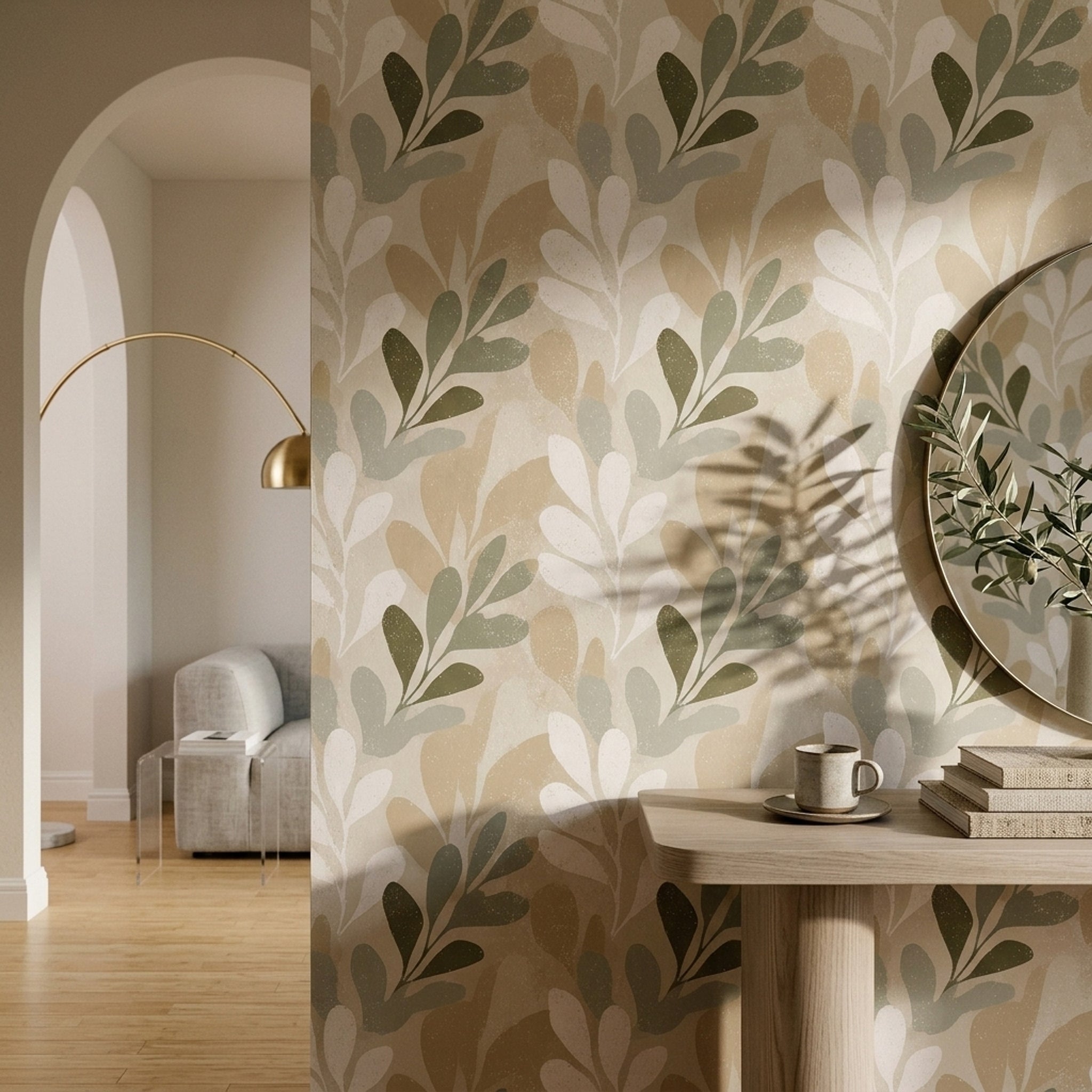 Botanical Wallpaper Abstract Leaves Neutral Beige Decorative Mural