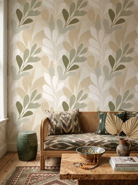 Botanical Wallpaper Abstract Leaves Neutral Beige Decorative Mural