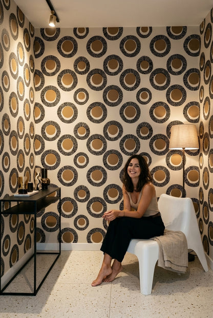 Greek Key Wallpaper Geometric Circles Black And Tan Decorative Mural