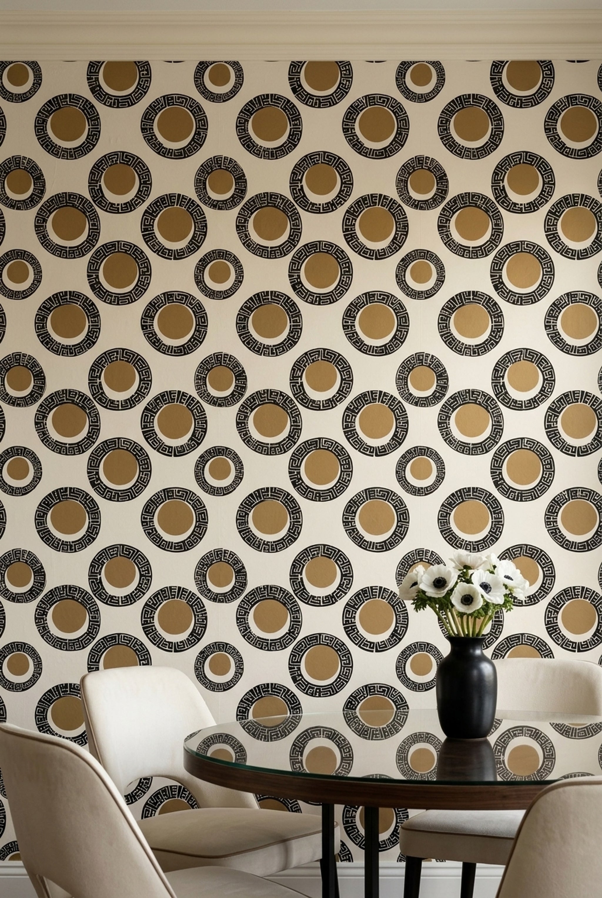 Greek Key Wallpaper Geometric Circles Black And Tan Decorative Mural