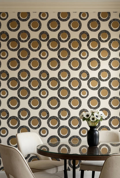 Greek Key Wallpaper Geometric Circles Black And Tan Decorative Mural