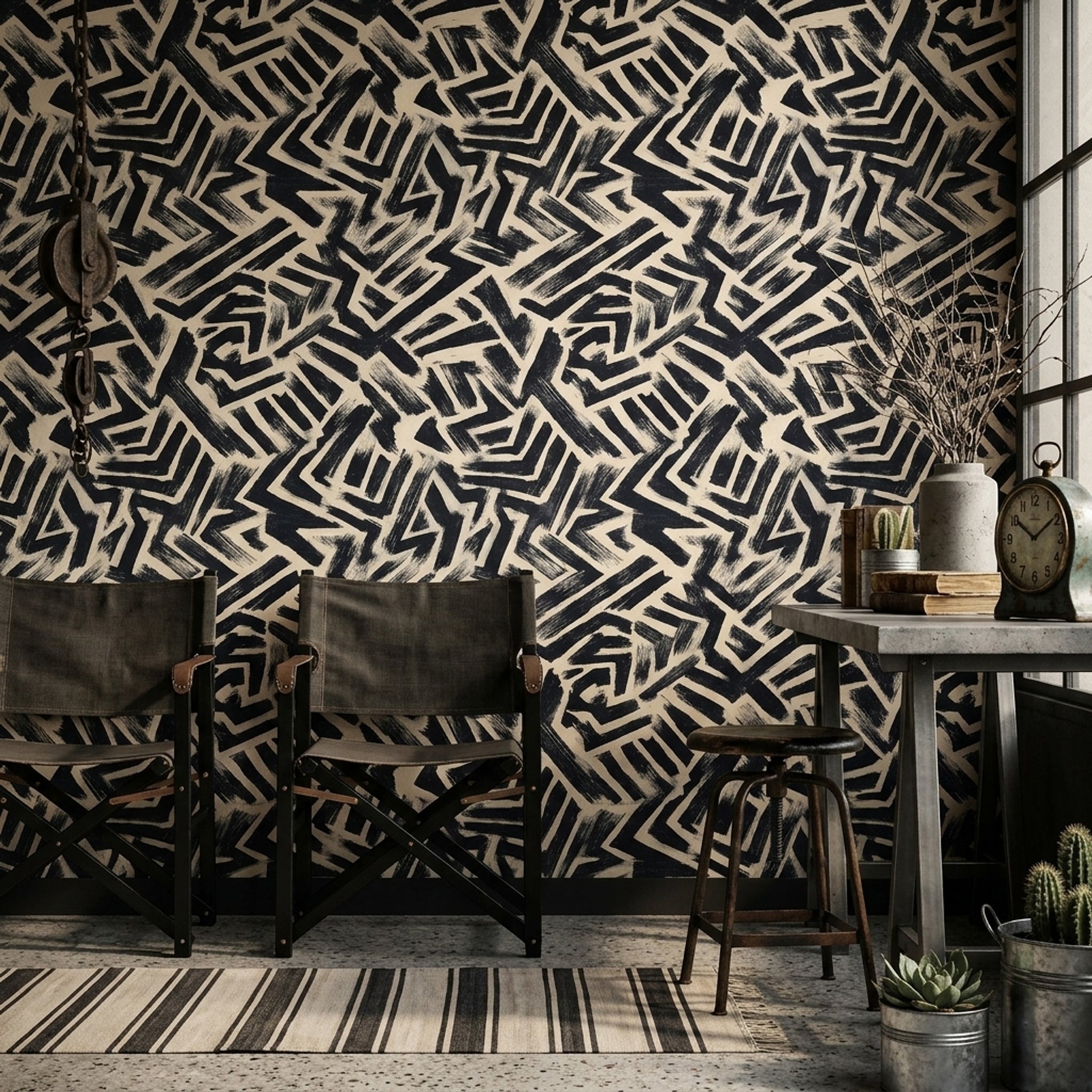 Abstract Geometric Wallpaper Bold Brushstroke Graphic Zigzag Decorative Mural