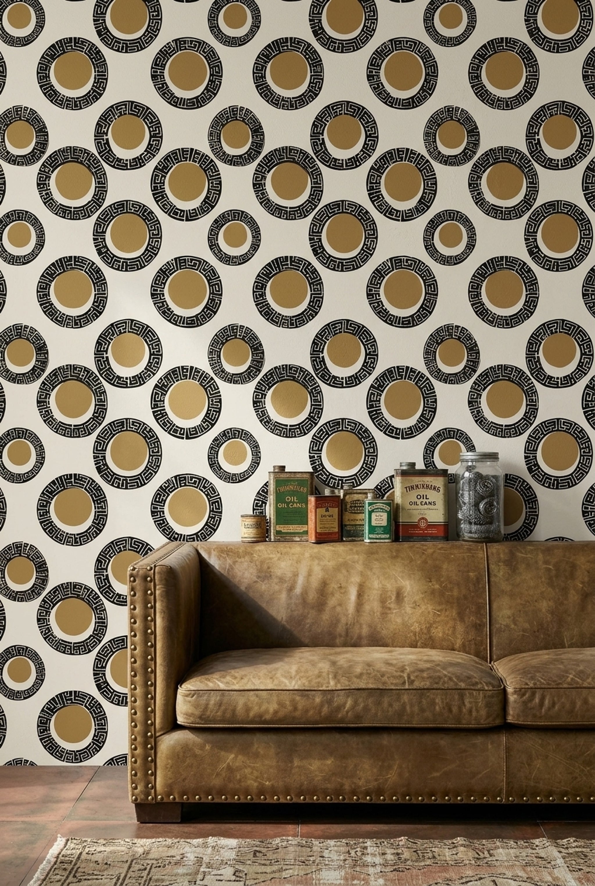 Greek Key Wallpaper Geometric Circles Black And Tan Decorative Mural
