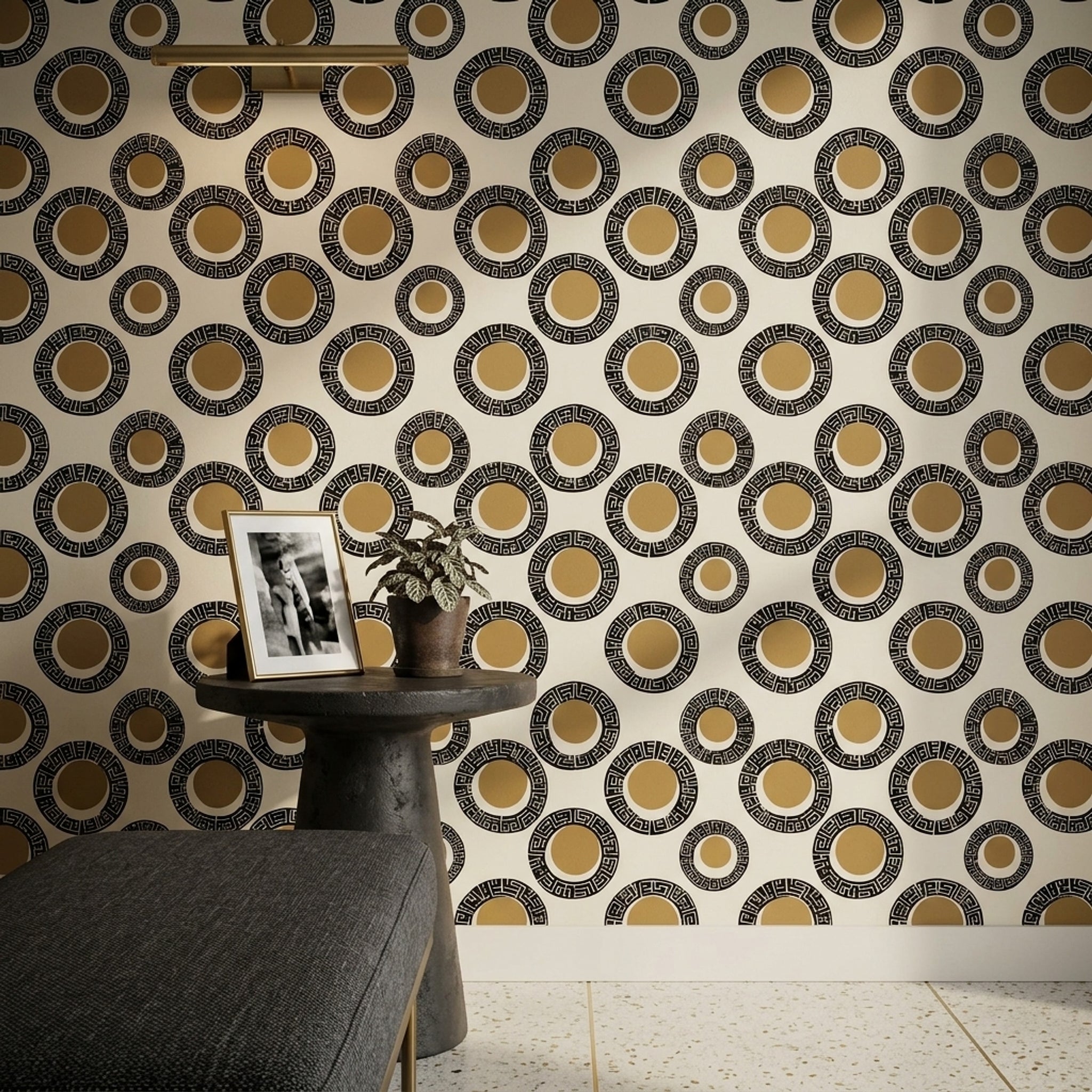 Greek Key Wallpaper Geometric Circles Black And Tan Decorative Mural
