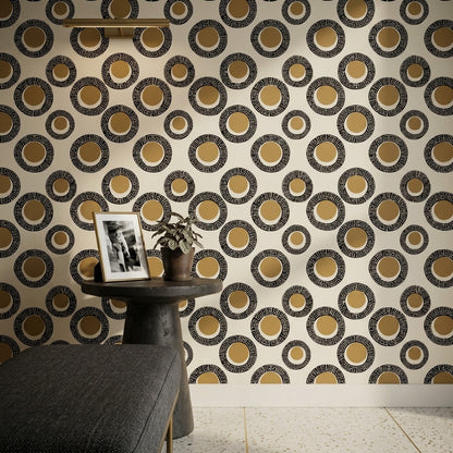 Greek Key Wallpaper Geometric Circles Black And Tan Decorative Mural