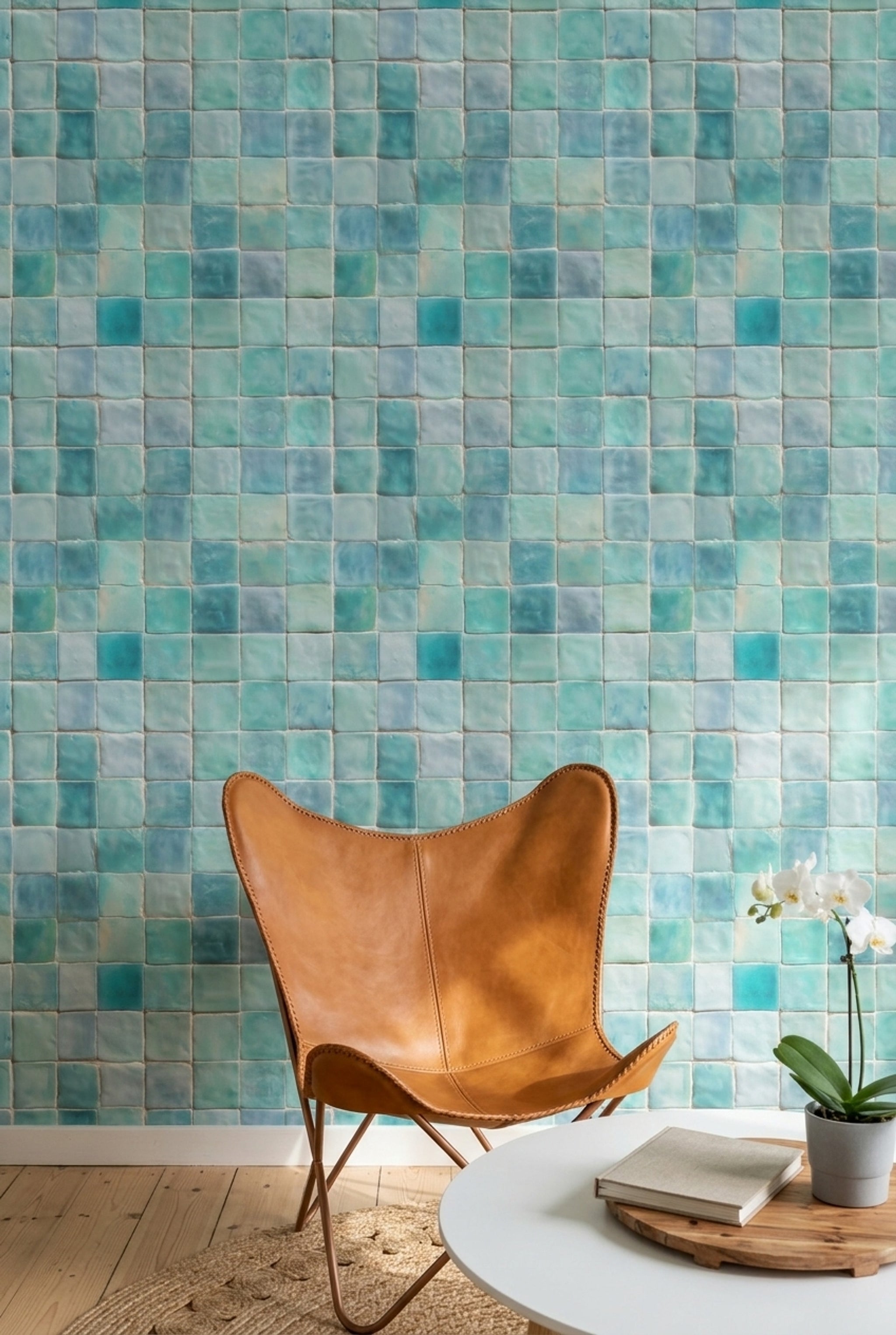 Teal Tiles Wallpaper Aqua Mosaic Glossy Ceramic Decorative Mural