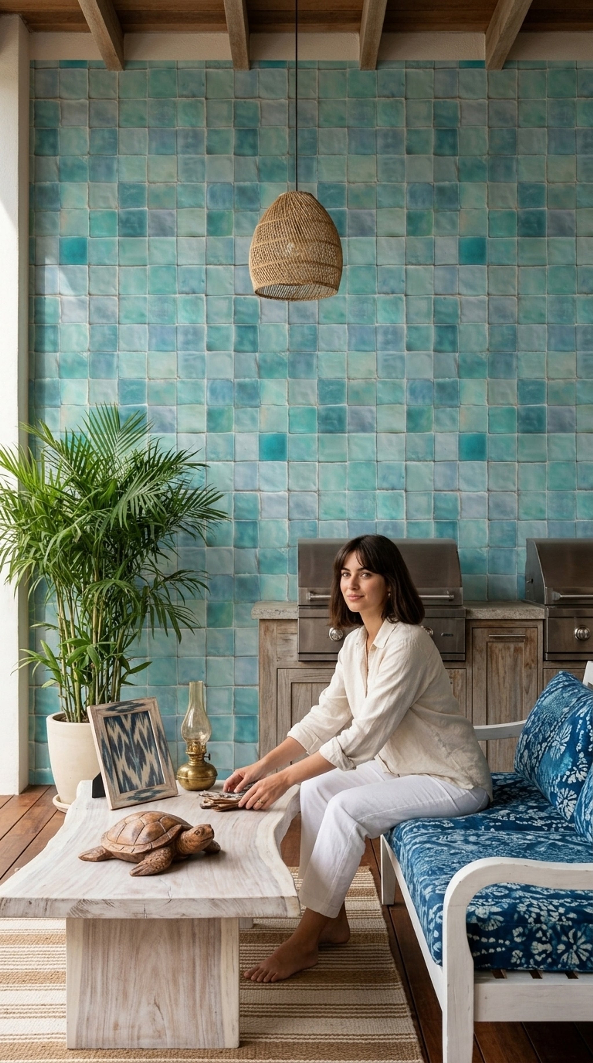 Teal Tiles Wallpaper Aqua Mosaic Glossy Ceramic Decorative Mural