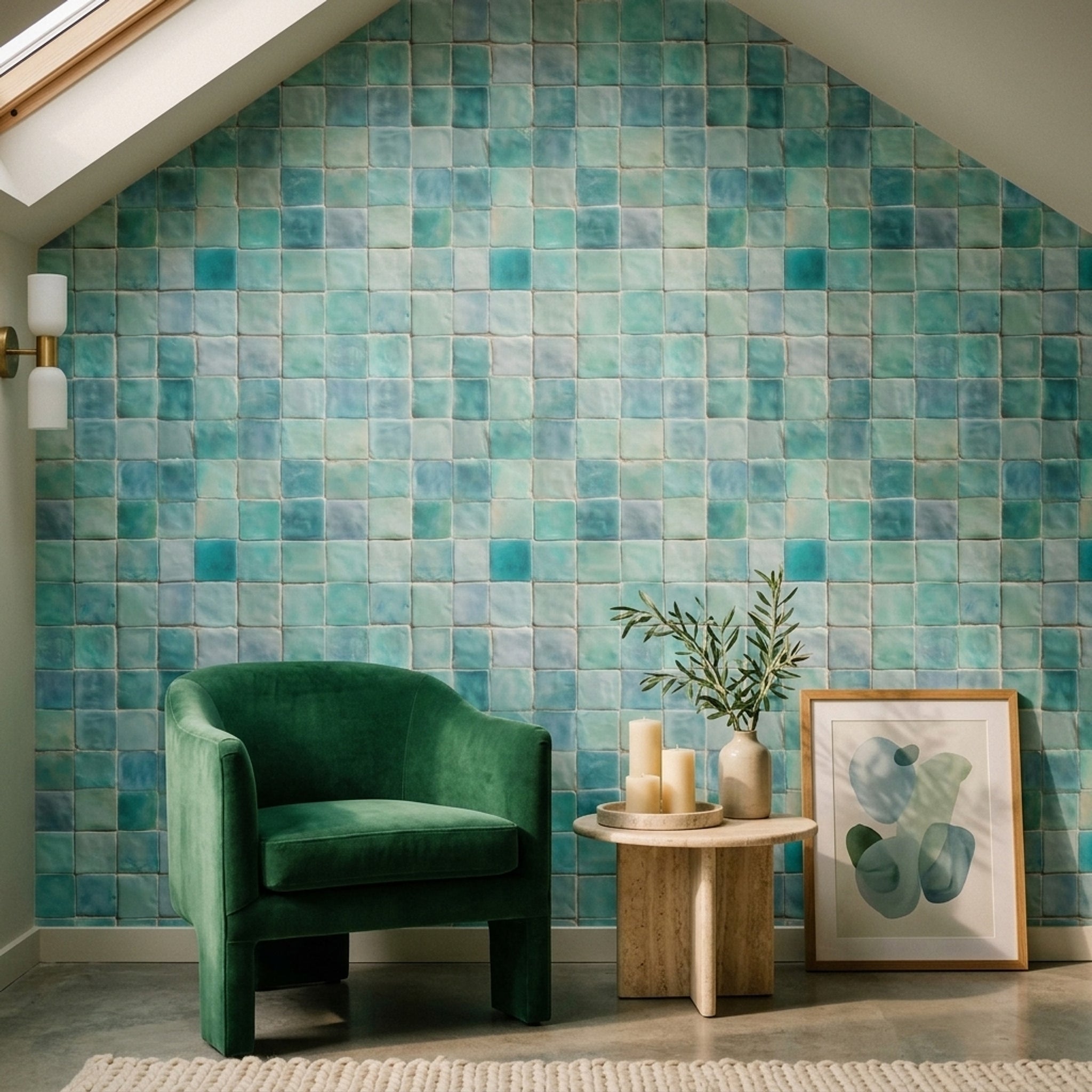 Teal Tiles Wallpaper Aqua Mosaic Glossy Ceramic Decorative Mural