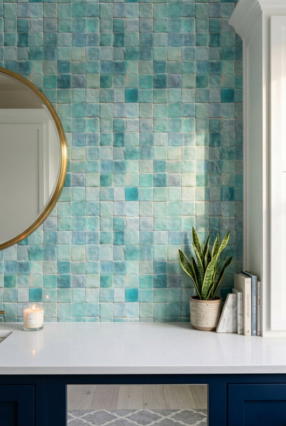 Teal Tiles Wallpaper Aqua Mosaic Glossy Ceramic Decorative Mural