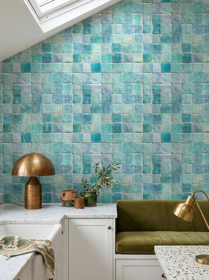 Teal Tiles Wallpaper Aqua Mosaic Glossy Ceramic Decorative Mural