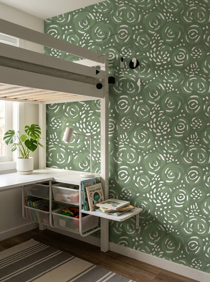 Abstract Wallpaper Painterly Sage Green Decorative Mural