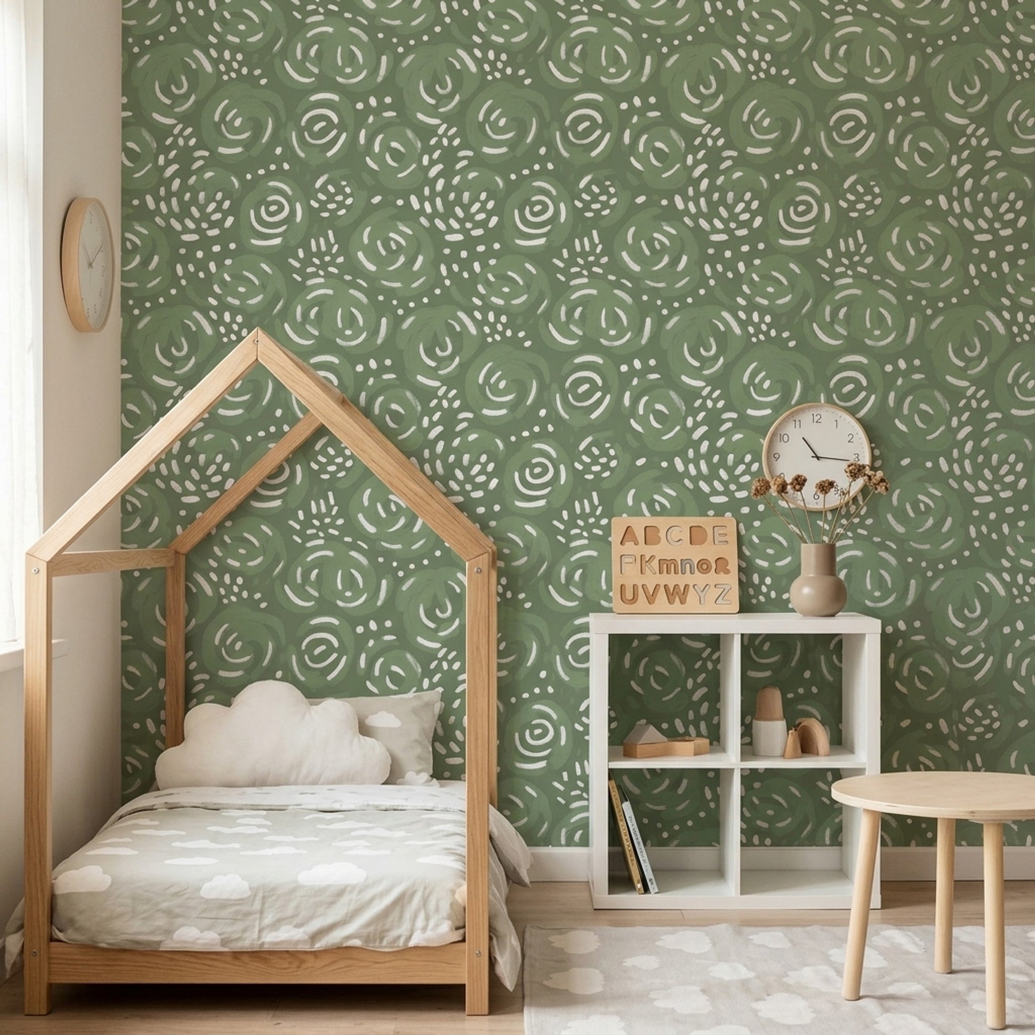 Abstract Wallpaper Painterly Sage Green Decorative Mural