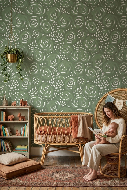 Abstract Wallpaper Painterly Sage Green Decorative Mural