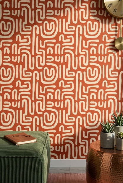 Geometric Maze Wallpaper Terracotta Orange Cream Lines Decorative Mural