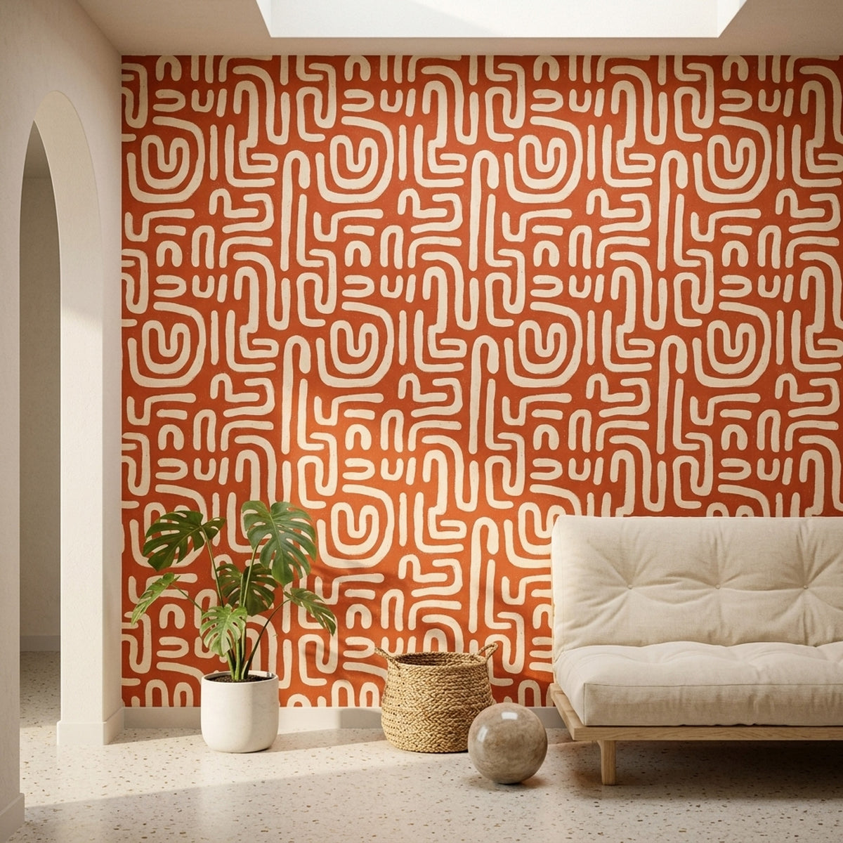 Geometric Maze Wallpaper Terracotta Orange Cream Lines Decorative Mural
