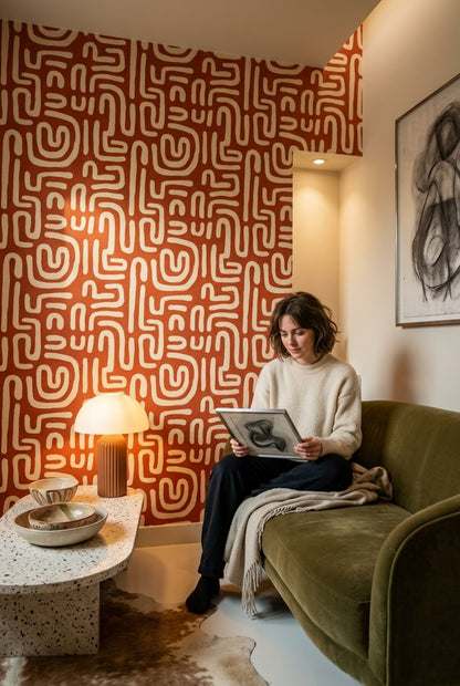 Geometric Maze Wallpaper Terracotta Orange Cream Lines Decorative Mural
