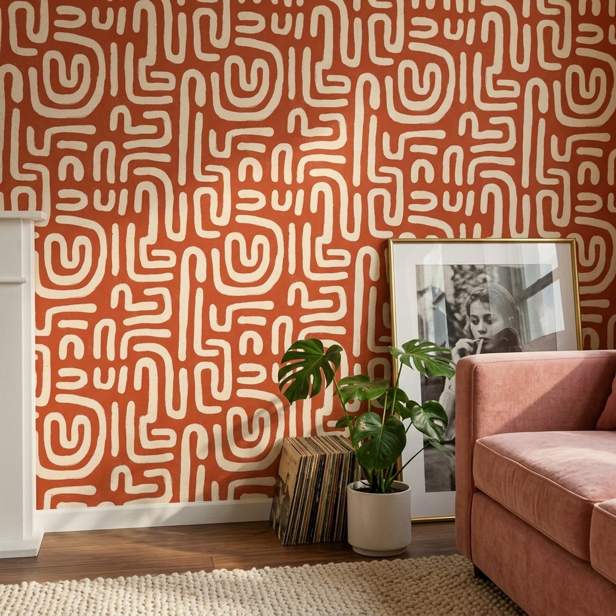 Geometric Maze Wallpaper Terracotta Orange Cream Lines Decorative Mural