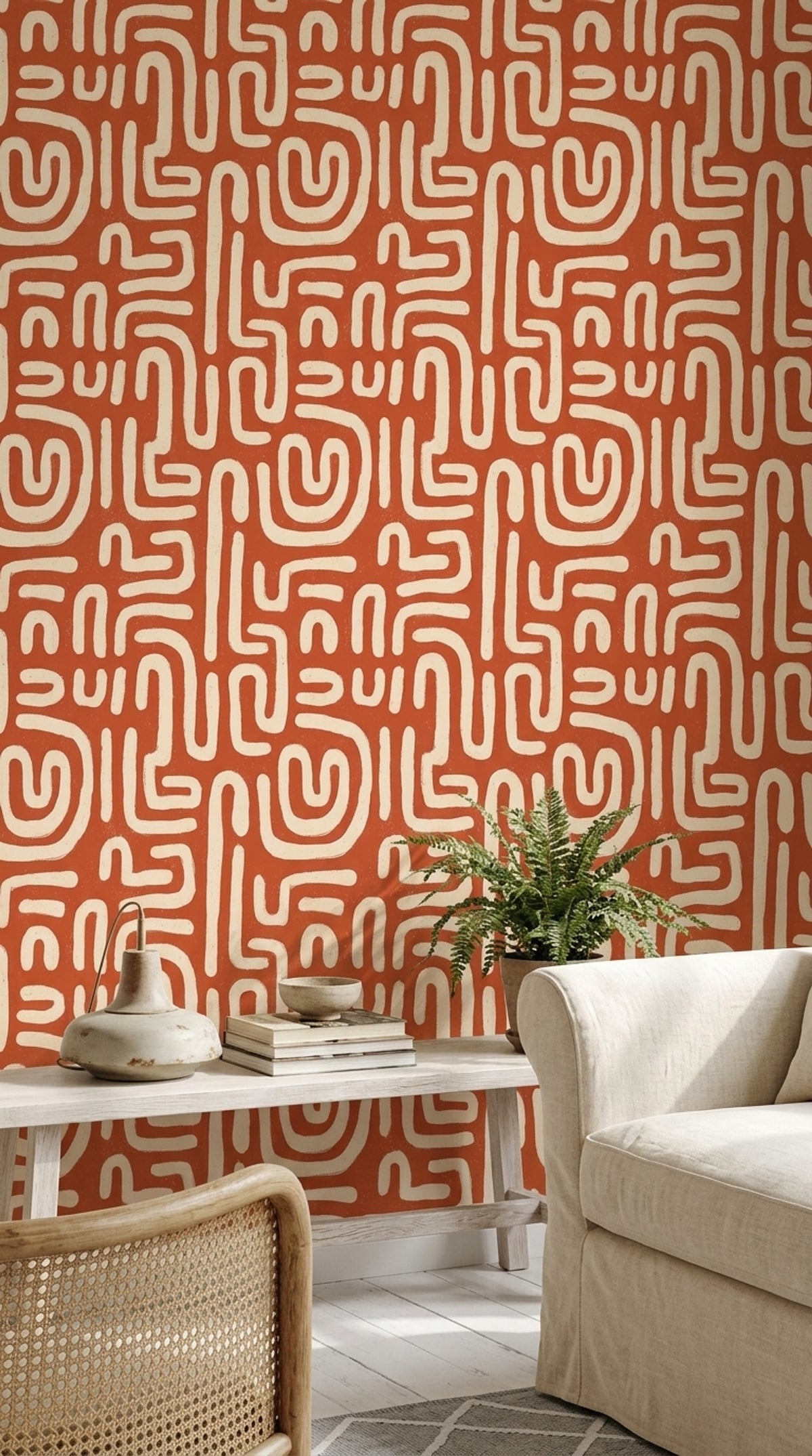 Geometric Maze Wallpaper Terracotta Orange Cream Lines Decorative Mural