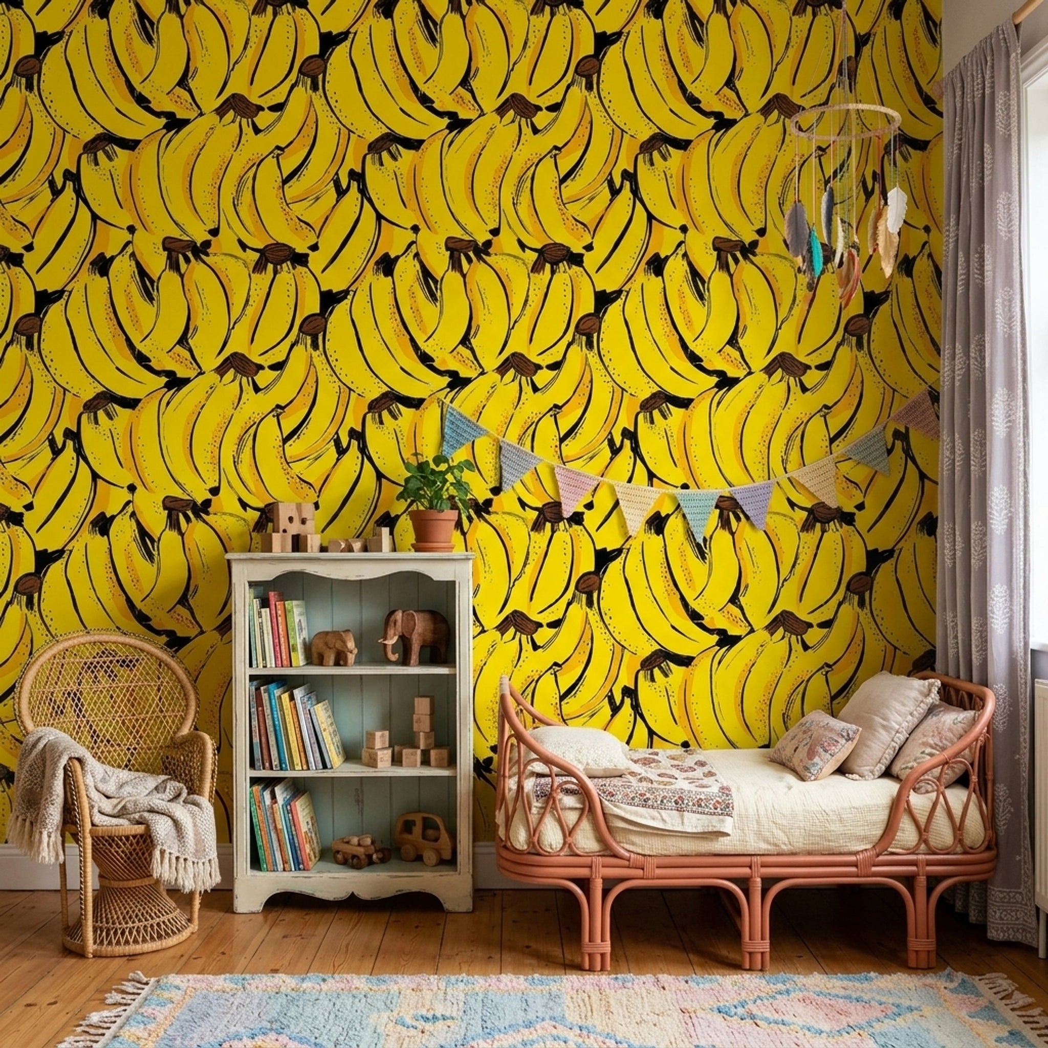Banana Pattern Wallpaper Tropical Fruit Removable Bright Yellow Wall Double Roll