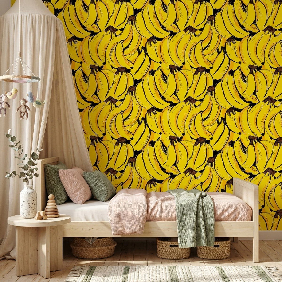 Banana Pattern Wallpaper Tropical Fruit Removable Bright Yellow Wall Double Roll