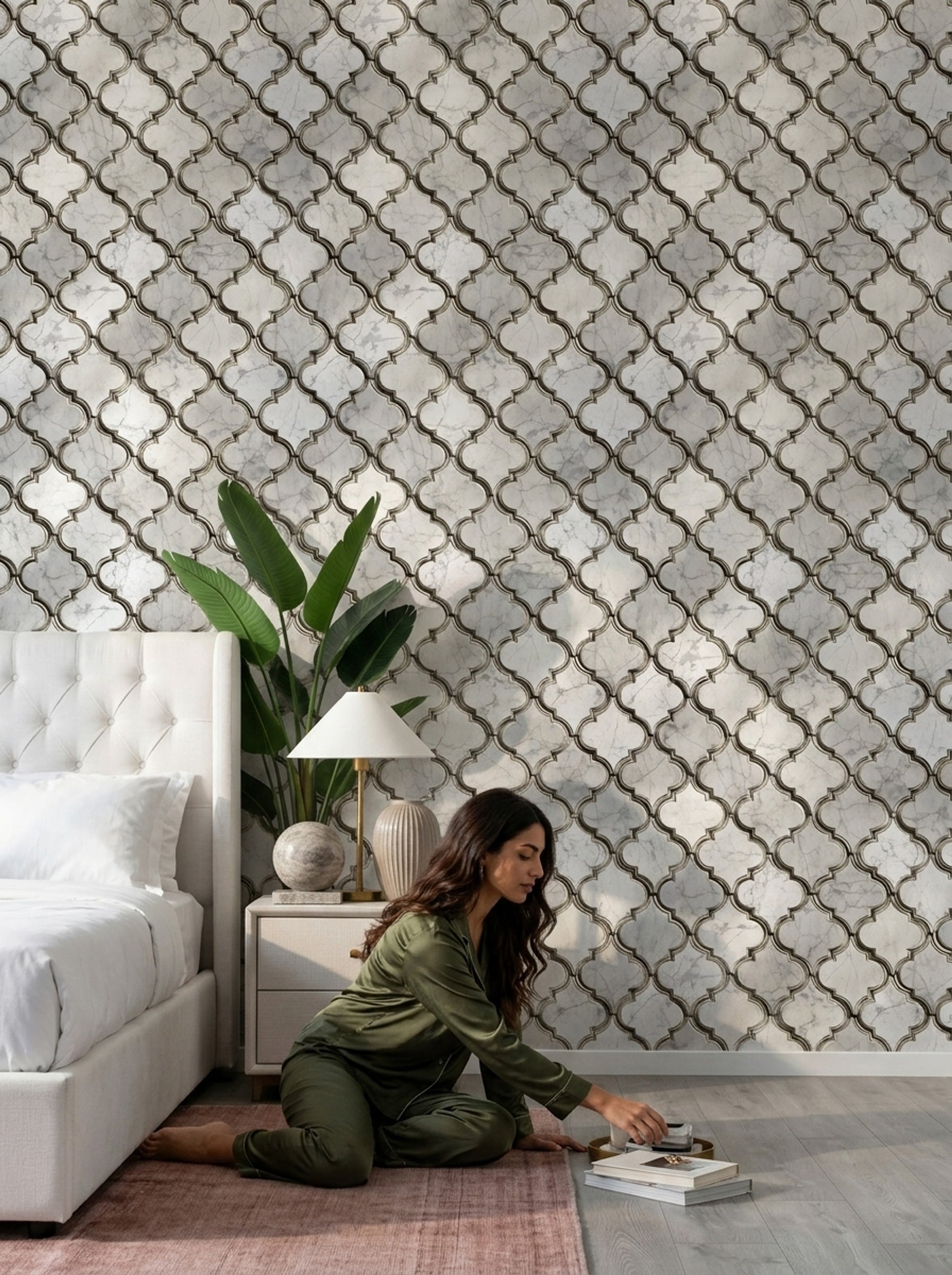 Moroccan Trellis Wallpaper Quatrefoil Marble Texture Removable Wall Decor