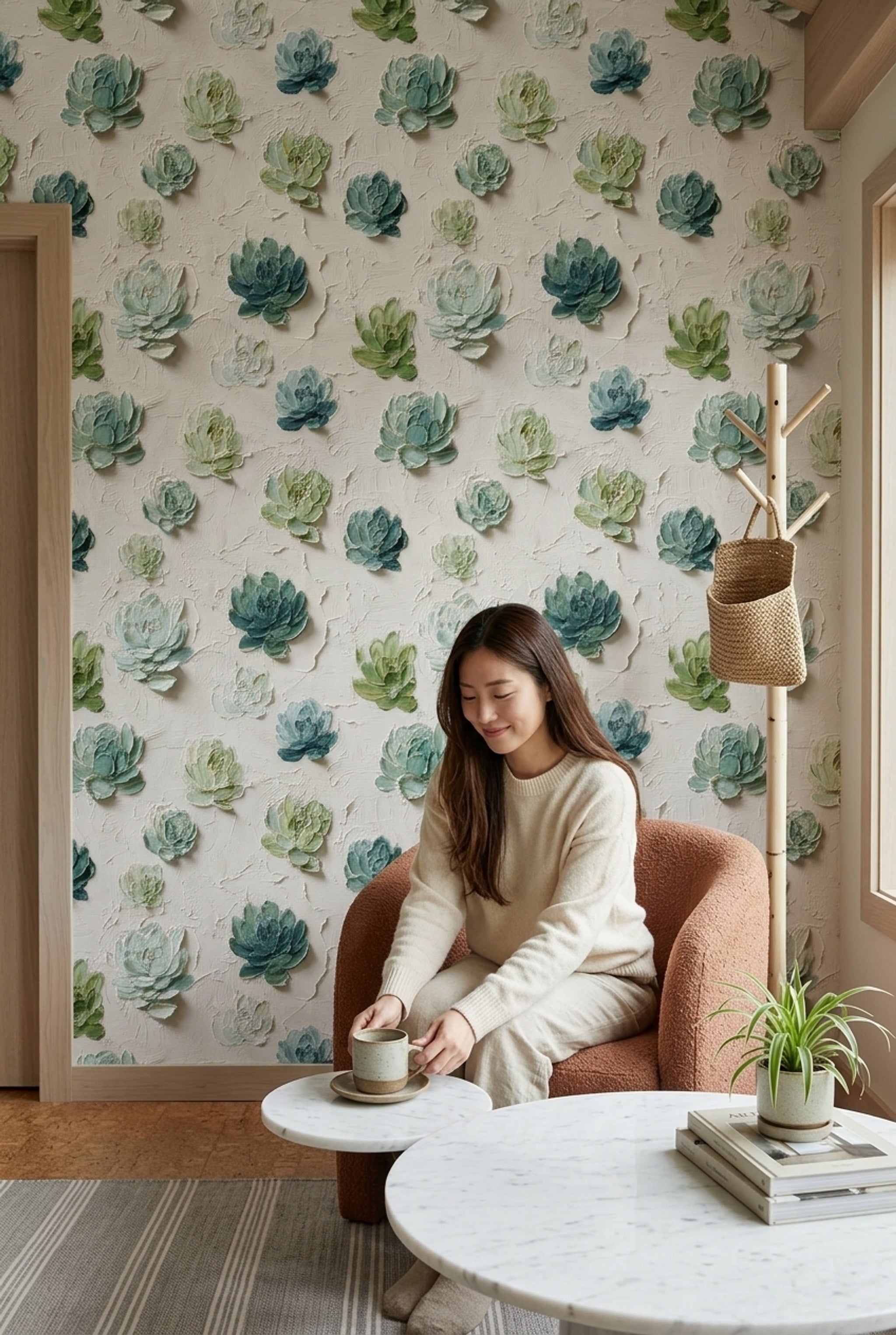 Succulent Wallpaper Botanical Impasto Texture Decorative Mural