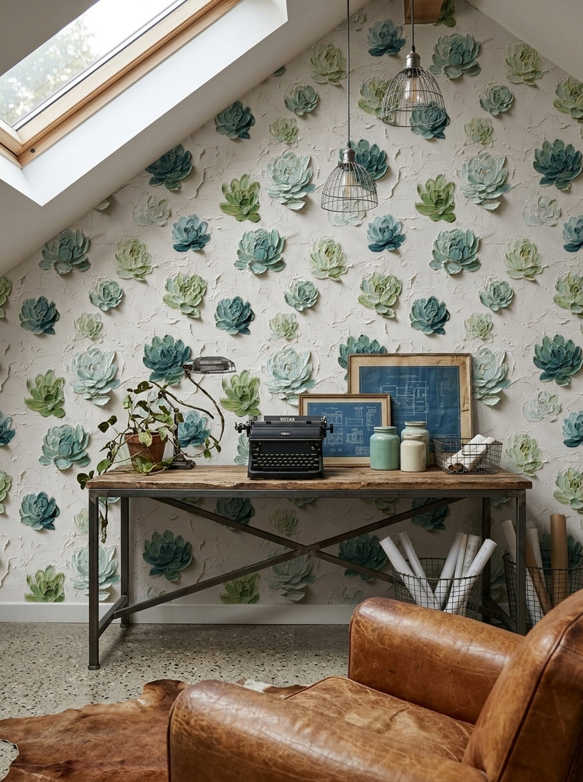 Succulent Wallpaper Botanical Impasto Texture Decorative Mural