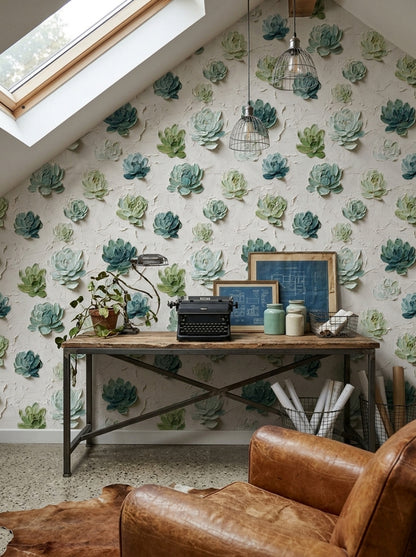 Succulent Wallpaper Botanical Impasto Texture Decorative Mural