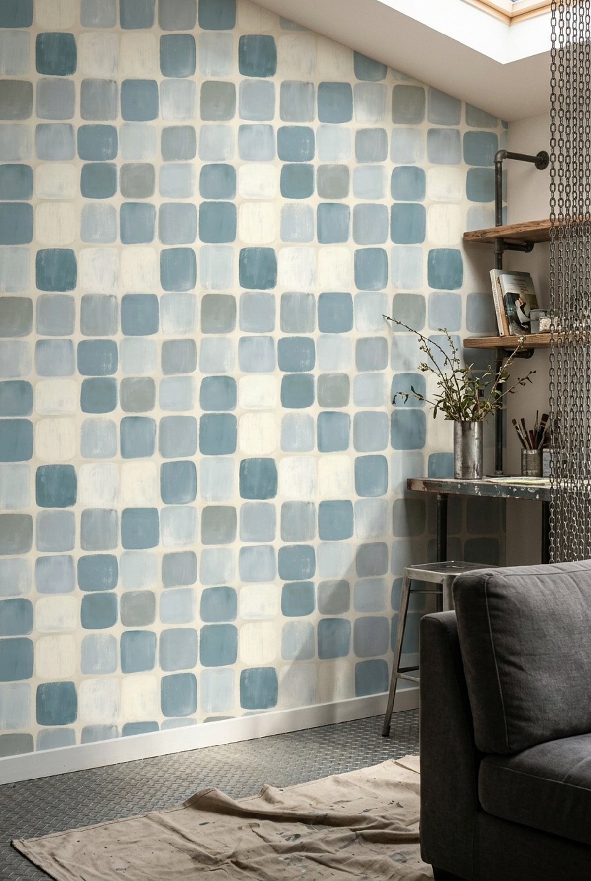 Abstract Geometric Wallpaper Rounded Squares Hand Painted Tiles Decorative Mural