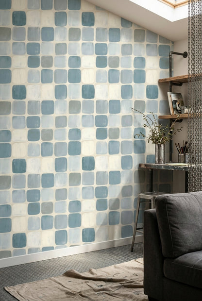 Abstract Geometric Wallpaper Rounded Squares Hand Painted Tiles Decorative Mural